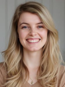 Eine blonde Frau lacht in die Kamera.